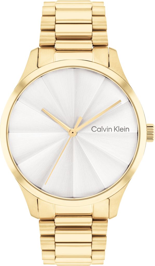 A close-up studio shot of a gold Calvin Klein watch with a white dial.