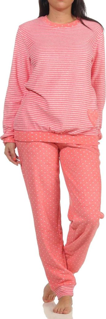 Damen Frottee Pyjama mit Bündchen in Herz-Tupfen Streifenoptik - auch in Übergrössen ; Ringel Lachs , 48