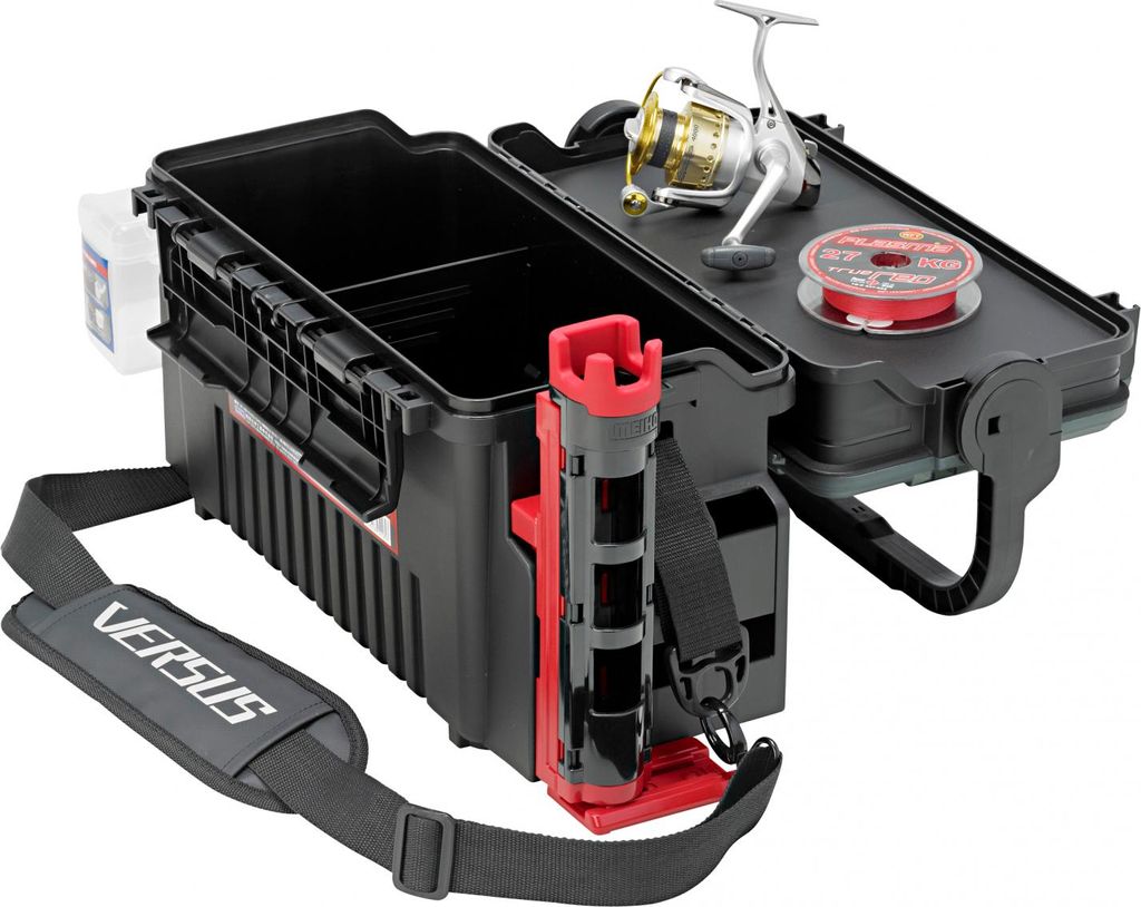 A fishing tackle box with a fishing reel and fishing line on top.