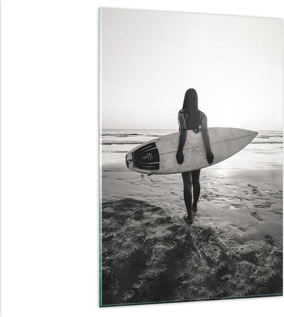Bilder auf glas - Einteilig - Frau Strand Surfen - 80x120cm - Glasbilder - Wandbilder - Bilder - zum Aufhängen bereit - Wanddekoration aus Glas - ...