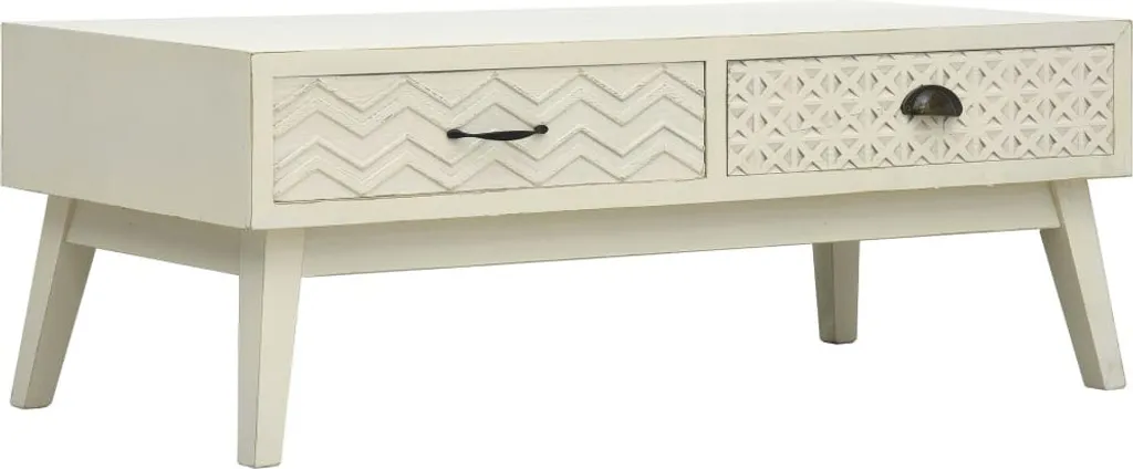 Table basse bois gris effet sculpture 110x50 cm avec double tiroir de rangement