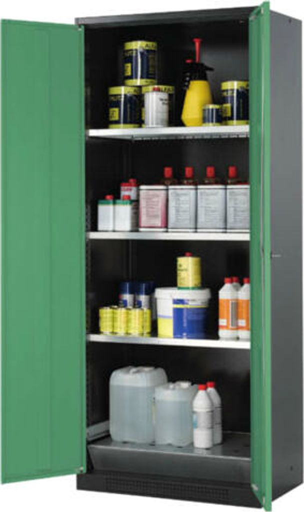 Chemikalienschrank - Flügeltüren, goldgelb - 3 Fachböden - Lochblecheinsatz - 1.950 x 810 x 520 mm (HxBxT) - Stahl, pulverbeschichtet