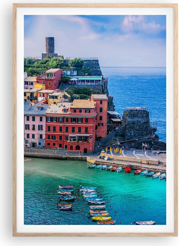 Gerahmtes Poster - Rahmen in heller Eiche - Farben Gebäude Italien - 70x100 cm - Wand Bild - Wanddeko - Wandbilder - Kunstposter - Wandposter - Bi...