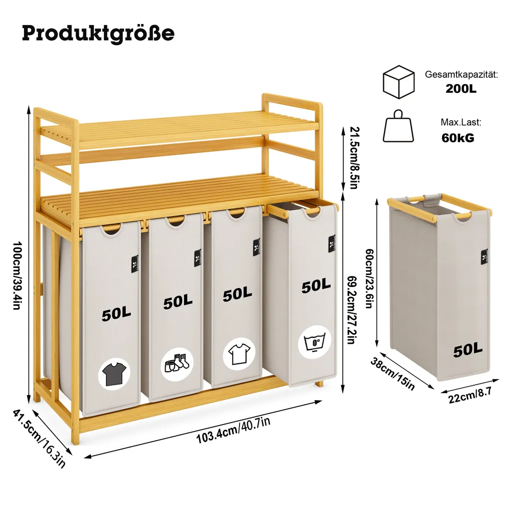AdelDream Panier à Linge 200L avec 4 Compartiments et Étagères Bambou