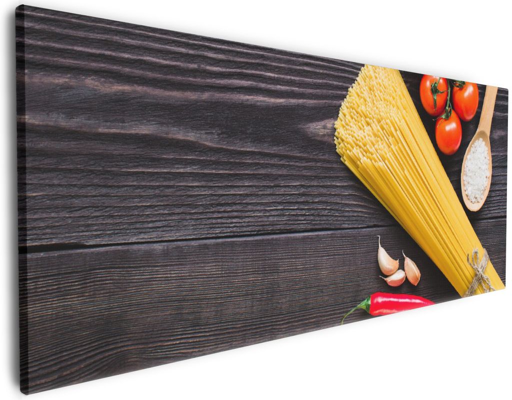 Wallario Premium Leinwandbild Italienisches Menü mit Spaghetti, Tomaten, Salz und Chilischoten in Größe 50 x 125 cm