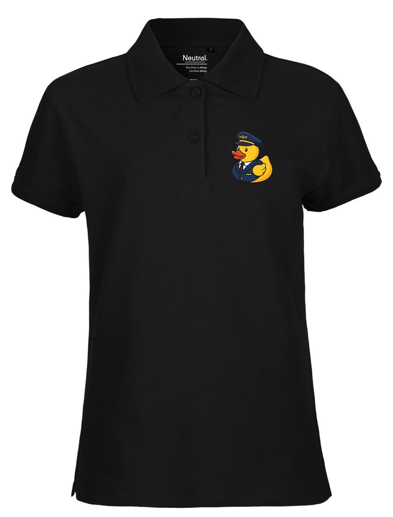 Huuraa Damen Polo Shirt Quietscheente Pilot Gummiente Flugkapitän XXL Black Bio Baumwolle Fairtrade Poloshirt Geschenkidee