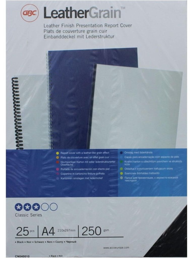 GBC LeatherGrain Umschlagmaterial 250 g/m², schwarz (25), A4, Leder, Schwarz, 250 g/m², 372 g, 25 Stück(e)