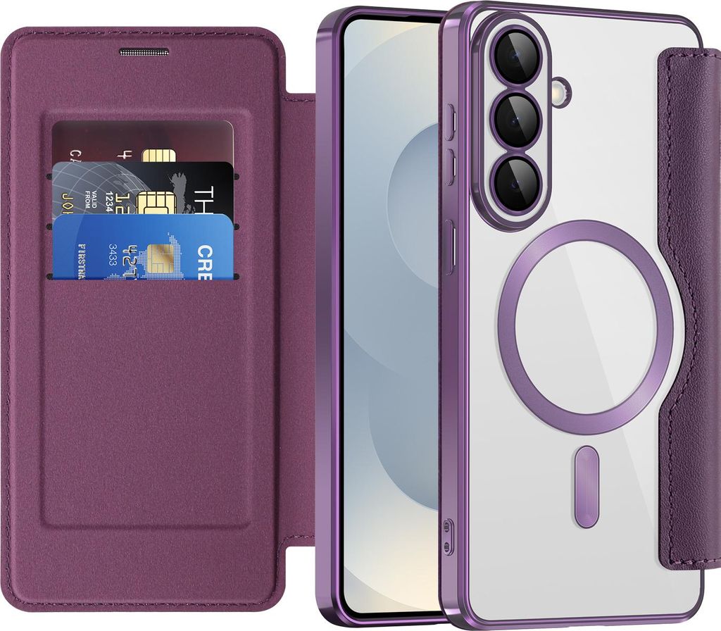 Klapphülle für Samsung Galaxy S26+ Kompatibel mit Magsafe, Klar Überzug Kartenhalter Ledertasche mit Kameraschutz Lila