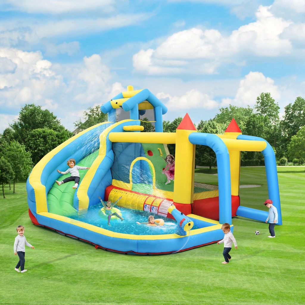 Zimilo 5-in-1 Kinder Hüpfburg mit Rutsche & Wasserpool, Aufblasbare Hüpfburg Outdoor, Sprungfläche Fußballnetz, 364x315x239 cm, für 3-10 Jahre
