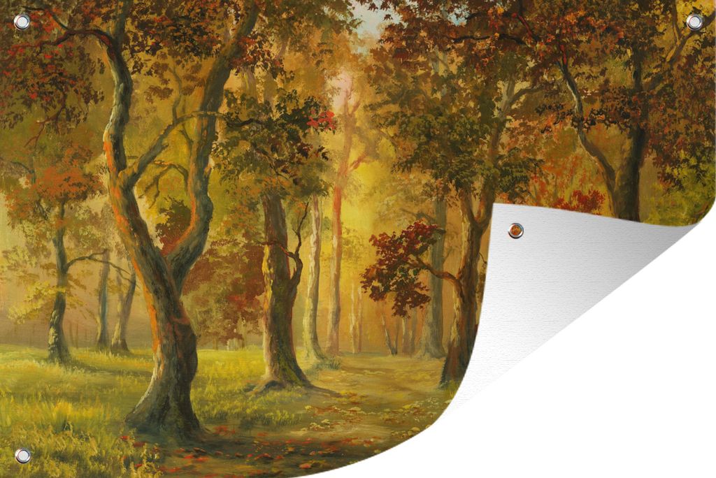MuchoWow 120x80 cm Outdoor-Poster Gartendeko Sichtschutz Garten Poster für den Garten Eine Illustration eines Waldes in der Herbstsonne