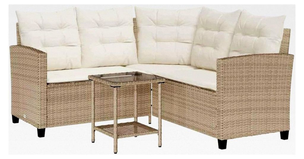 L-förmiges Gartensofa mit Tisch und Kissen in Beige aus Poly Rattan