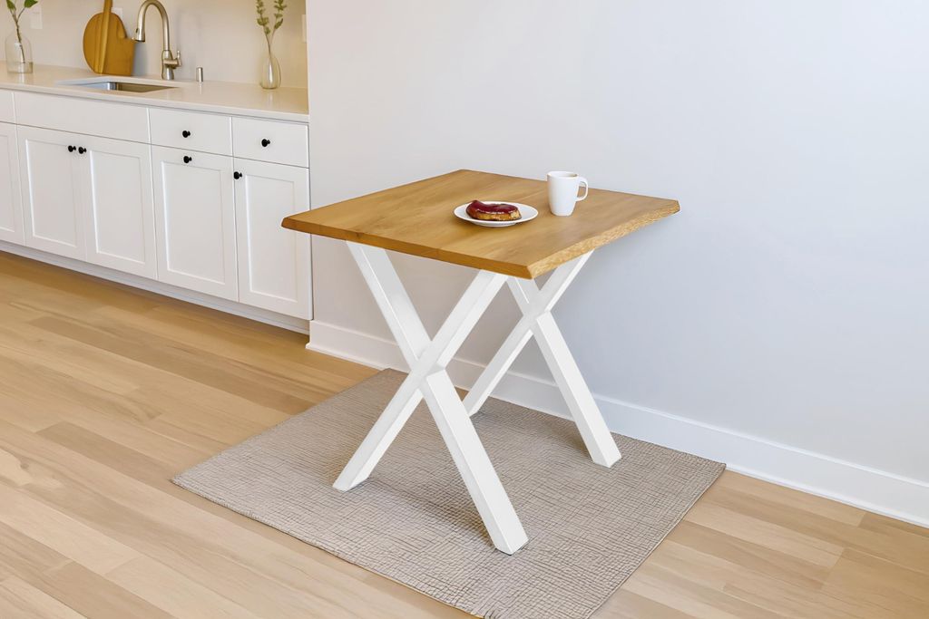 Esstisch Salvador | 80 x 80 cm | Eiche massiv + geölt | Baumkante | X-Gestell Metall Weiß | pflegeleichter Esszimmertisch/Küchentisch/Eichenholz...