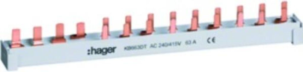 A product shot of a Hager busbar with multiple copper connectors.