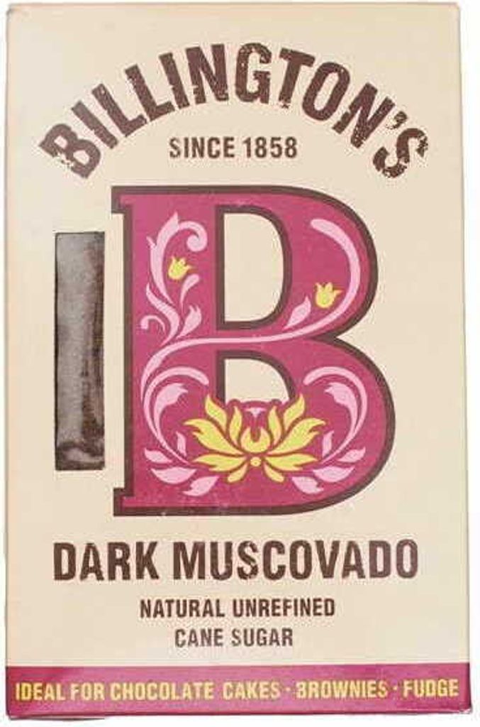 The image shows the front packaging of Billington's Dark Muscovado Cane Sugar.
