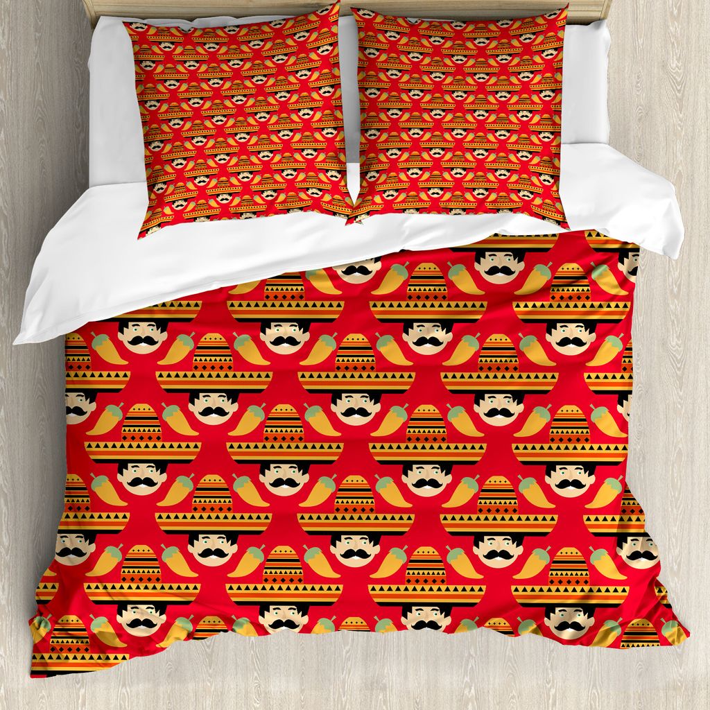 ABAKUHAUS Cinco de Mayo Bettbezug Set für Einzelbetten, Mexican Man Peppers, Milbensicher Allergiker geeignet mit Kissenbezug, 155 cm x 220 cm - 8...