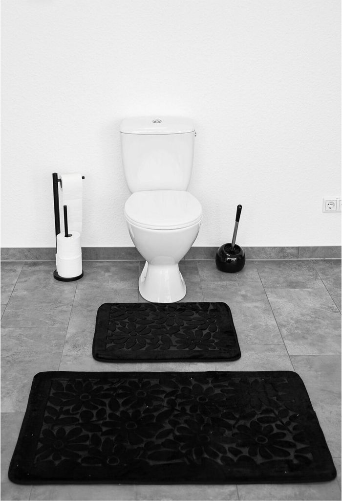 Almina Premium 2 teiliges Bademattenset aus Polyester Rutschfest Waschbar mit Blumenmotiv Schwarz
