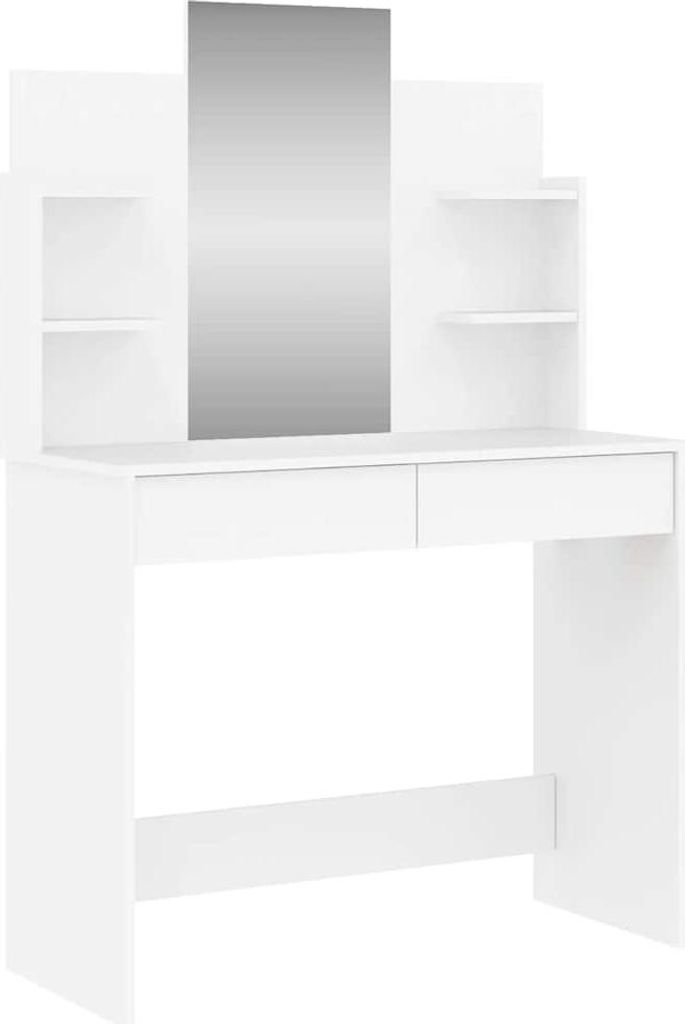 A white vanity table with a mirror and shelves.