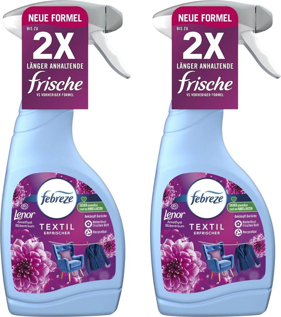 2x Febreze Textilerfrischer Lenor Amethyst Blütentraum Frische Technologie entfernt Gerüche je 500ml