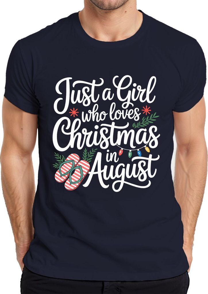 Just a Girl who loves Christmas in August summer flip flops gift Herren T-Shirt, Navy, M