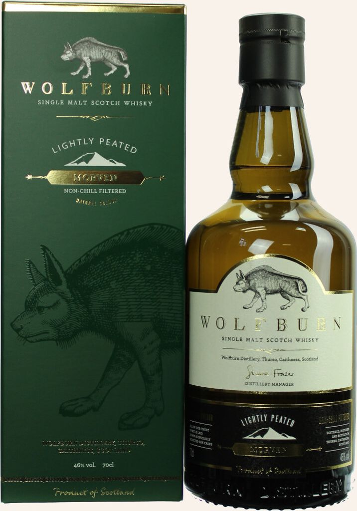 A bottle of Wolfburn Morven Highland Single Malt Scotch Whisky and its matching gift box are displayed side-by-side against a white background.