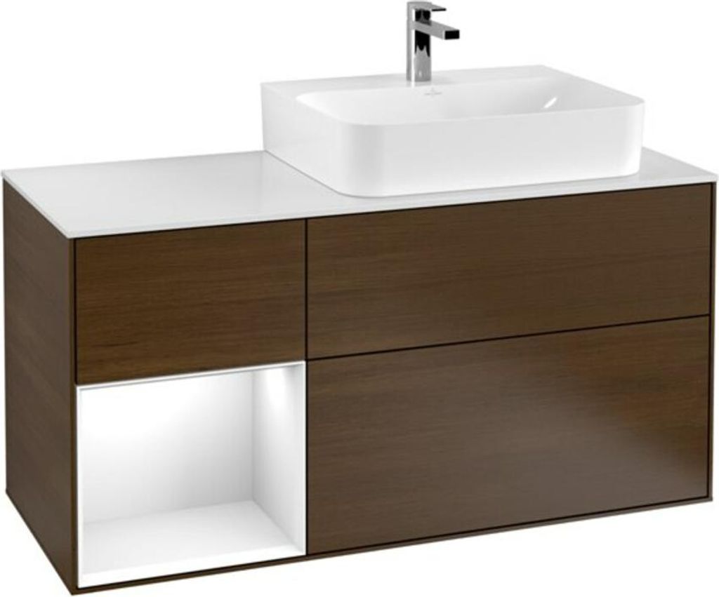 Villeroy & Boch Waschtischunterschrank FINION 1200 x 603 x 501 mm, mit Abdeckplatte Glas White Matt Regalelement Glossy White Lacquer Walnut Veneer