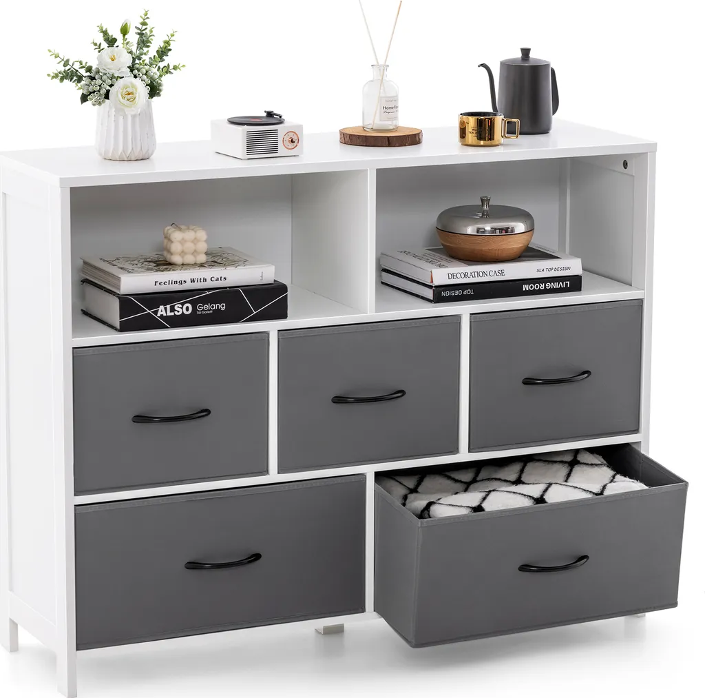 Armoire de rangement 5 tiroirs pliable et buffet bas avec étagères