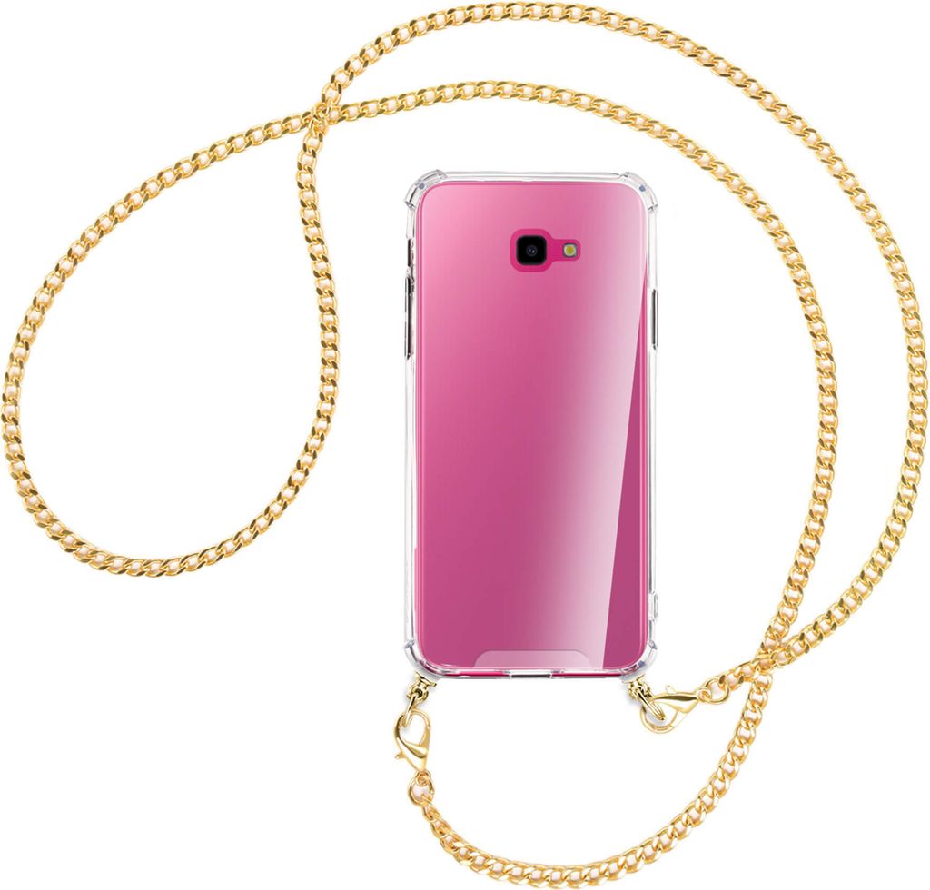 Handykette Backcover-Schutzhülle mit Band (Metall goldfarben) für Samsung Galaxy J4 Plus - goldfarbene Kette