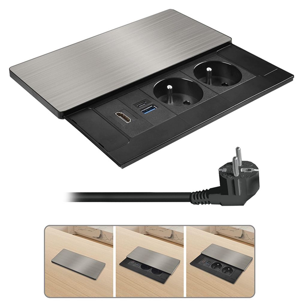 Solight Integrierte Steckdosenleiste mit Schiebeabdeckung, 2 Steckdosen, HDMI, USB A+C 20W PD, 2 m, silber PP128C-PD20-HDMI