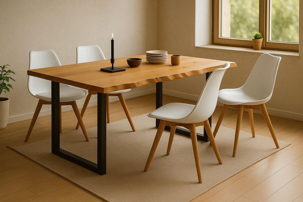 Essgruppe Baumkante massiv 140 x 80 cm Wildeiche U-Gestell schwarz & 4 Stühle weiß SEATTLE