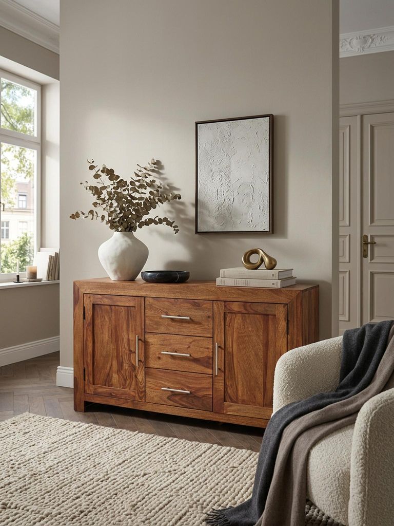 Sideboard Massivholz Sheesham Kommode 118 cm 3 Schubladen 2 Türen Design Highboard Landhaus-Stil braun natur