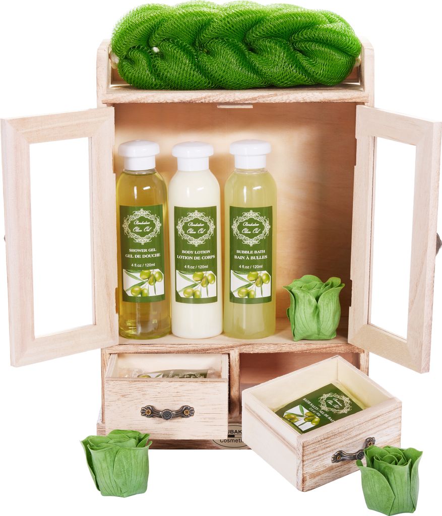 BRUBAKER Cosmetics Bade- und Pflegeset im Holzschrank - Wellness Badeset für Frauen - Damen Geschenkset mit Holz Dekoration, Oliven Duft
