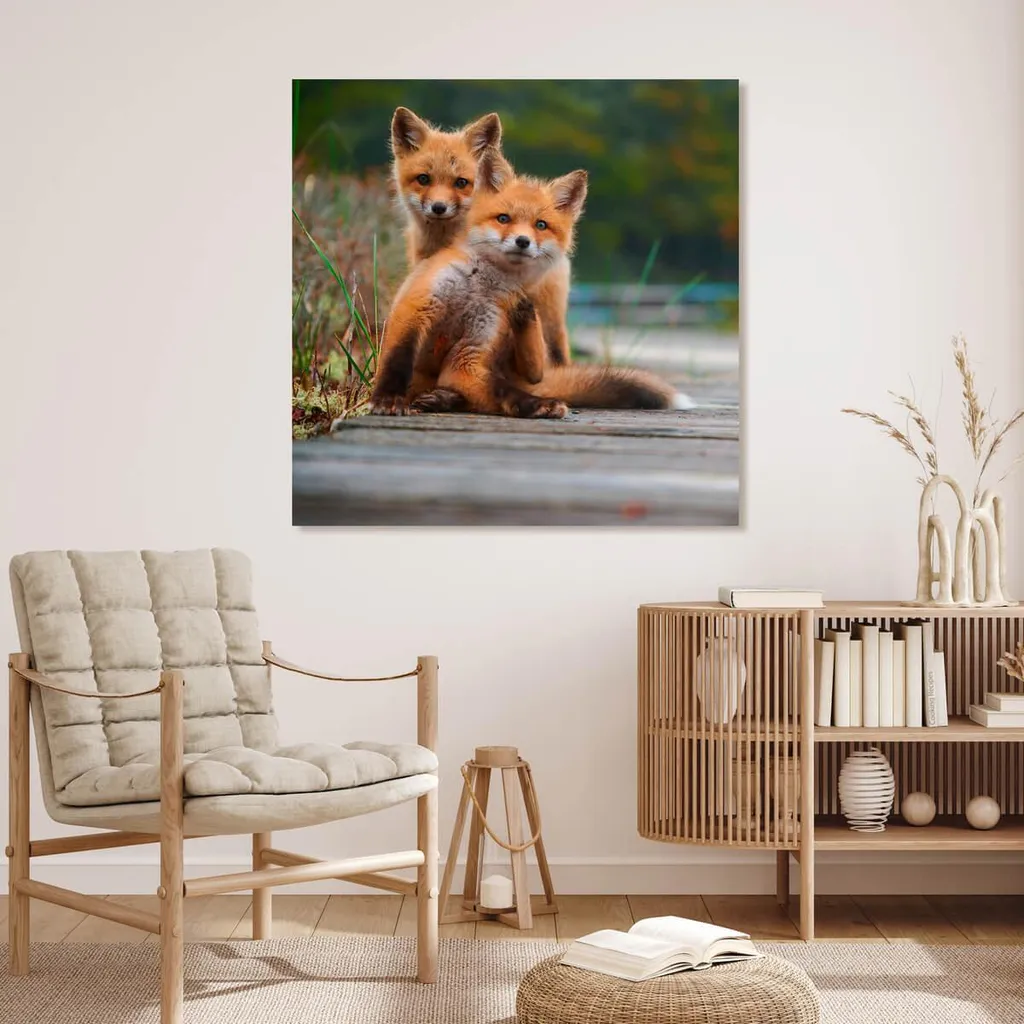 Tableau renardeaux 90x90 cm incassable pour une déco murale sans risque