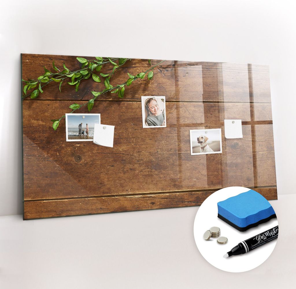 Magnetpinnwand Memoboard - Zubehörsatz - Weißer Marker + Schwamm + Magnete - 120 x 60 cm - Rustikales Holz