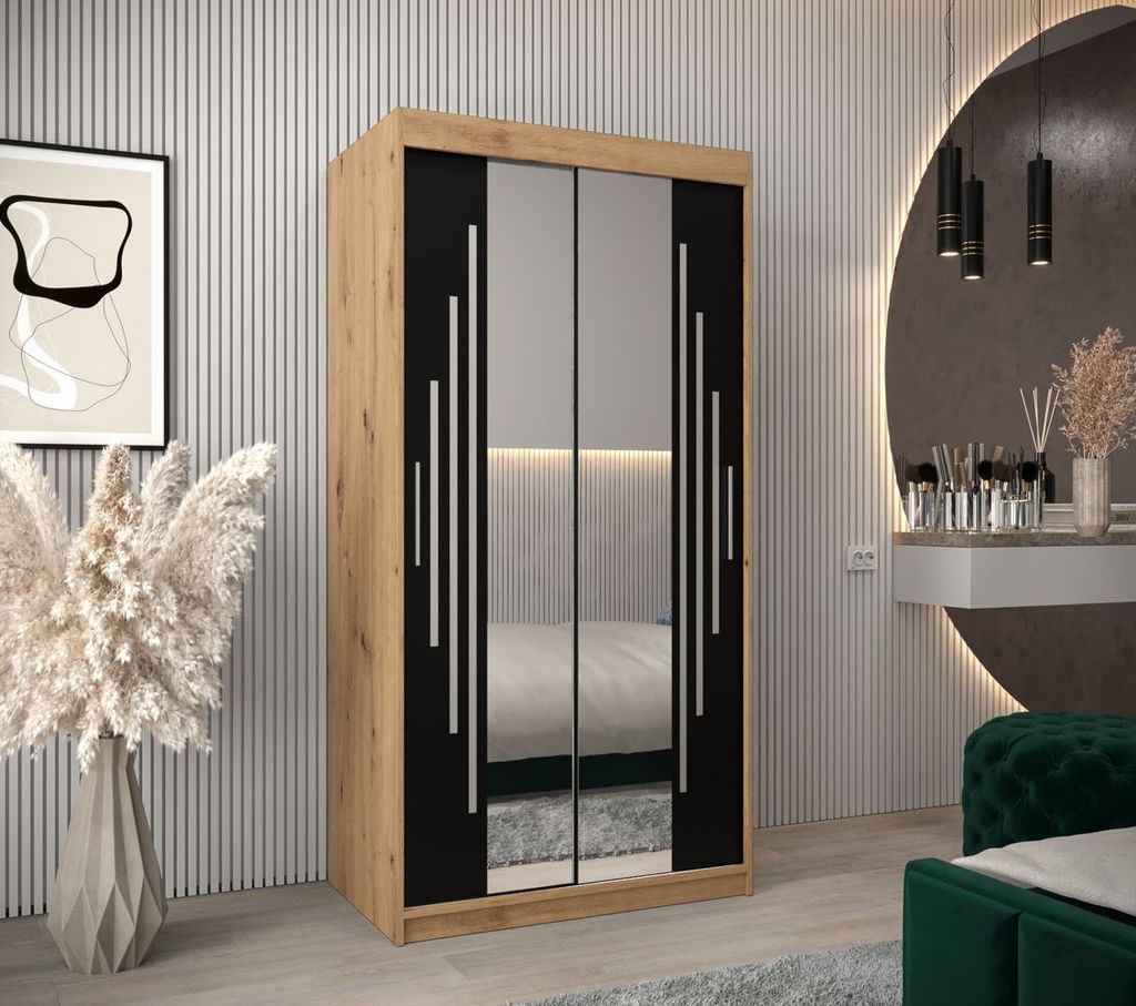 Kleiderschrank mit Spiegel VIVI – Breite 100 cm, Eiche artisan / schwarz