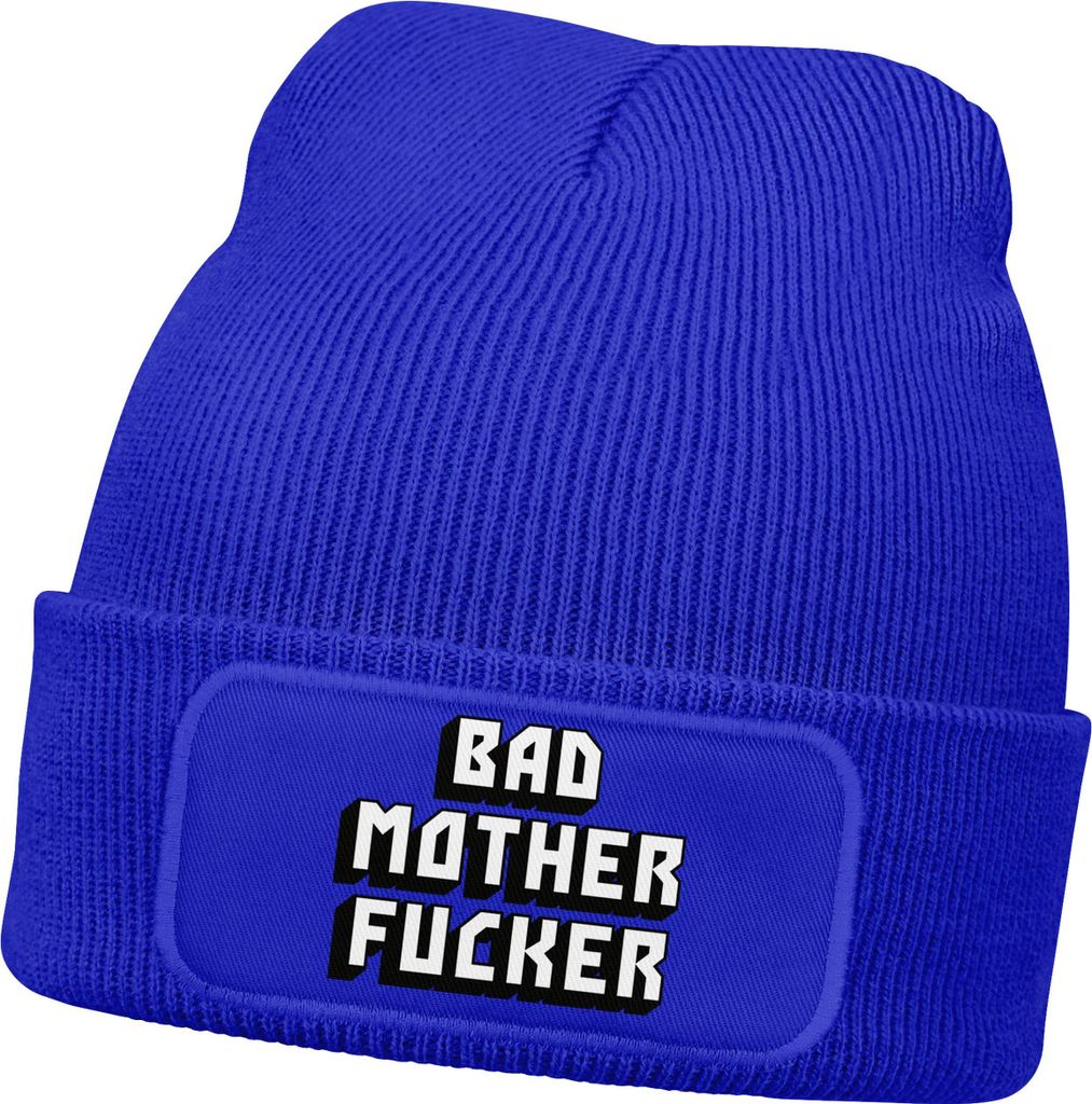 Herren Beanie mit Patch Strickmütze mit Design Spruch Bad Motherfucker Mütze Männergeschenke Lustig Moonworks