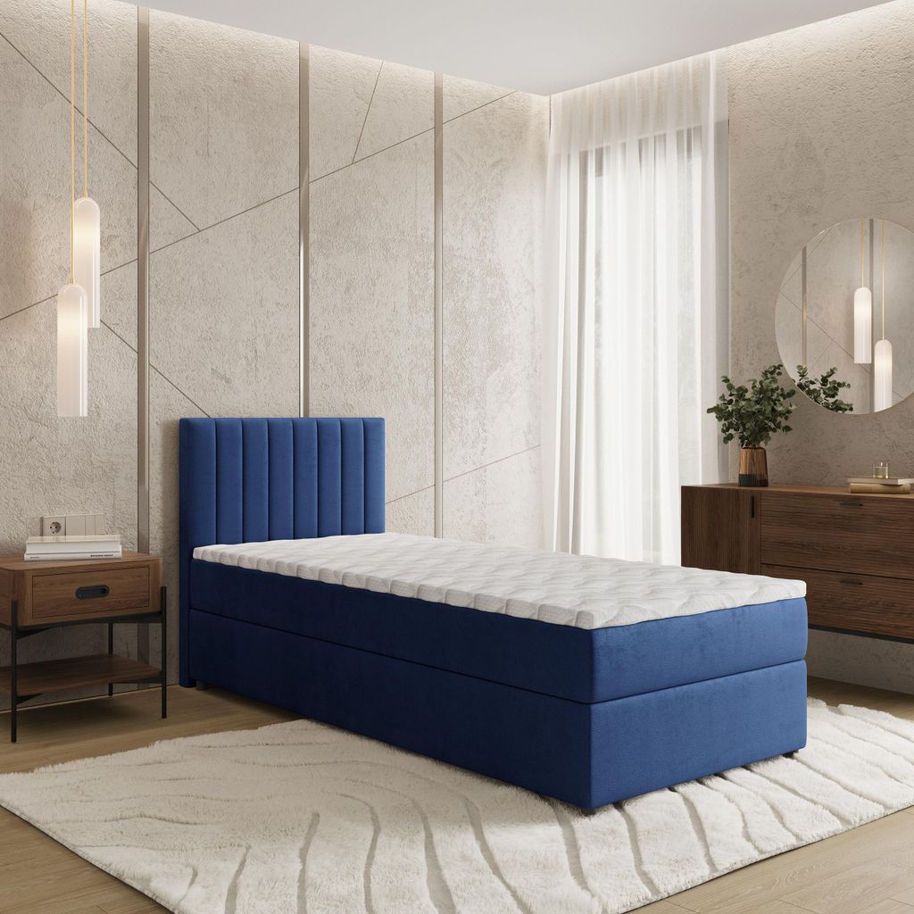Masseno Boxspringbett BRESEL 90 90x200 cm Komplett-Set mit Bonell Matratze und Topper, Polsterbett mit Bettkästen -Blau, KRONOS 09