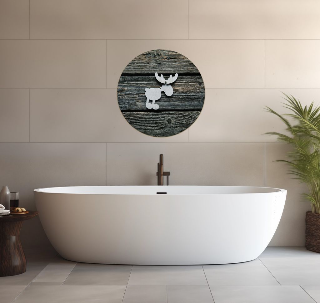 Wallario wasserfestes Poster selbstklebend 60 x 60 cm, Elch Symbol in weiß, vor dunklem Holz, Badezimmerposter Spritzschutz mit Hochglanzoberfläc...