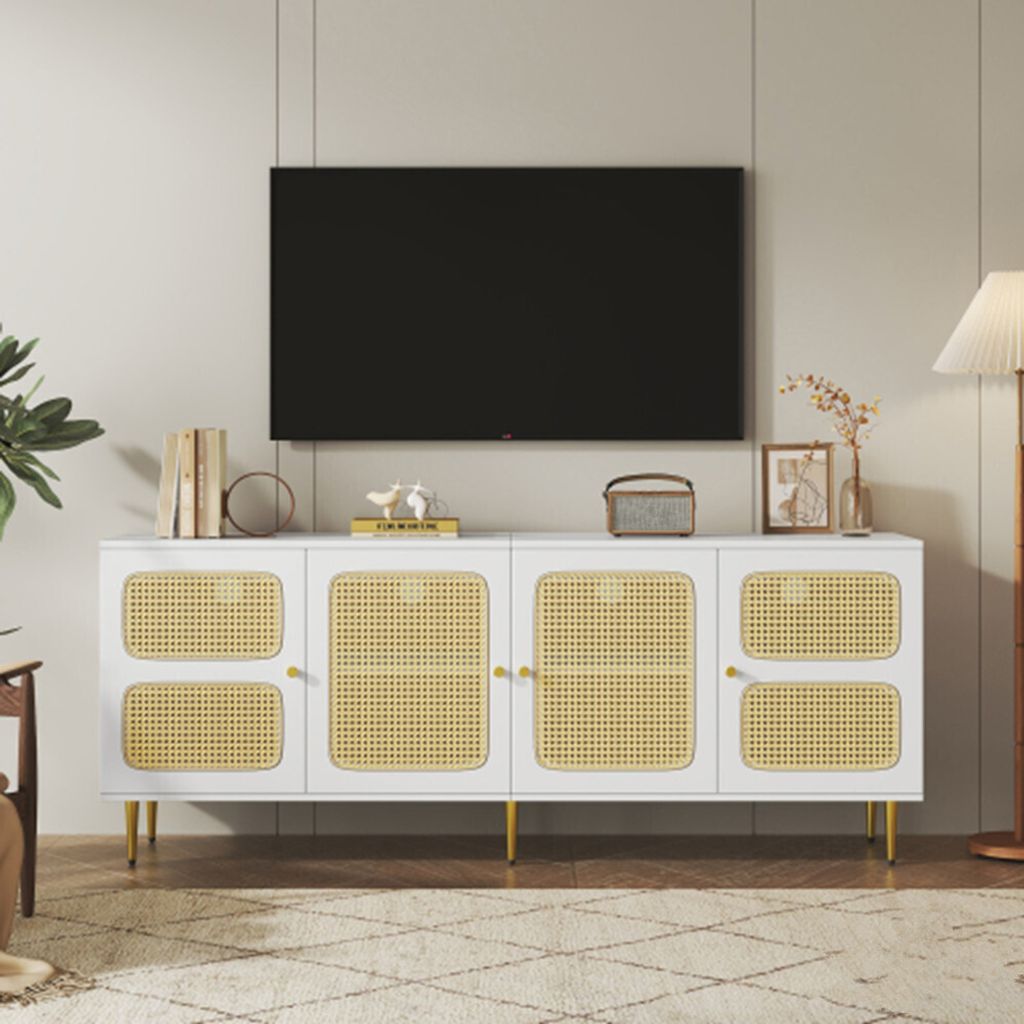 Rattan-TV-Schrank mit 4 Rattantüren, Höhenverstellbaren Regalen und Kabelmanagement, Für bis zu 80 Zoll Fernseher,TV-Schränke,Lowboards 80x40x7...
