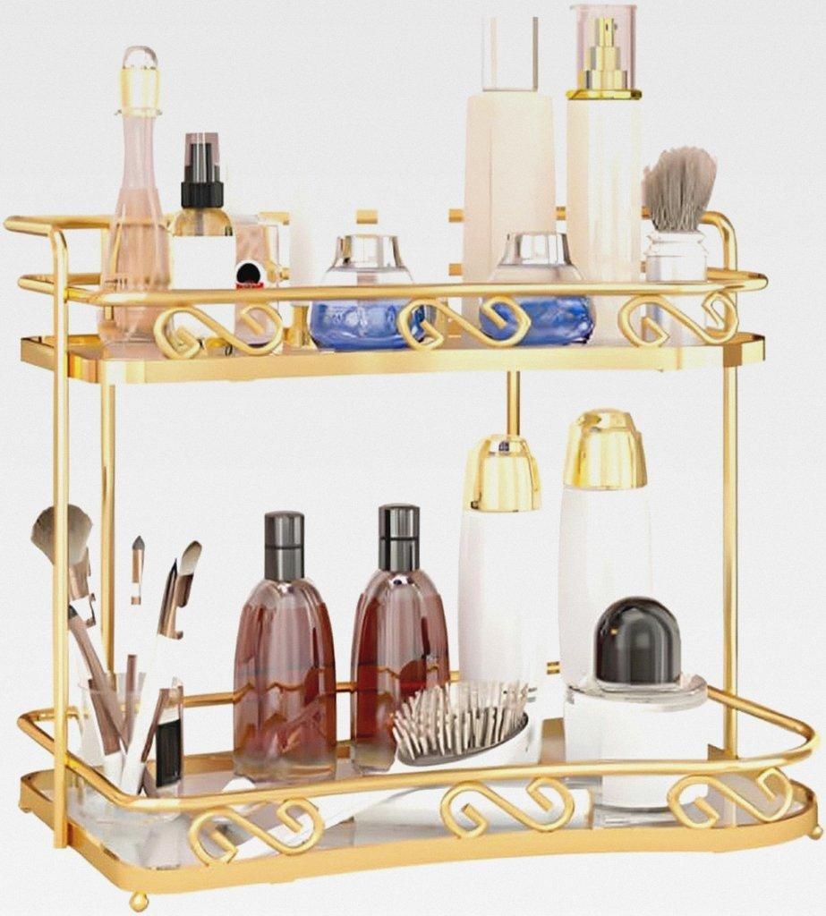 Schminktisch Organizer Gold, Make Up Badezimmer Organizer, 2 Ebene Kosmetikregal, Multifunktionale Ablage für Kosmetika und Hautpflegeprodukte