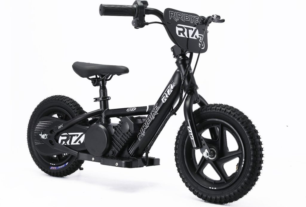 A black electric balance bike for children is shown against a white background.