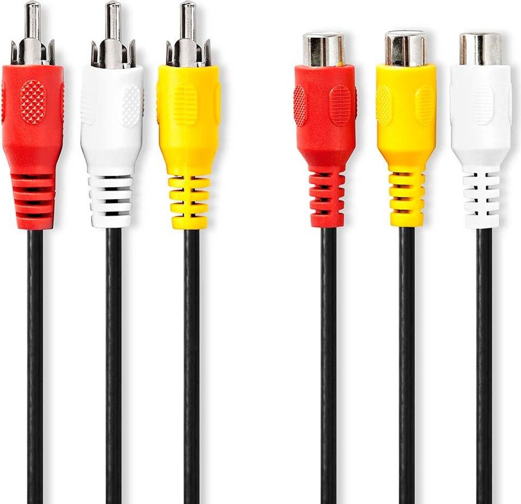 Composite Video Kabel | 3x RCA Hane | 3x RCA Hona | Nickel Platerad | 480p | 5.00 m | Rund | PVC | Svart | Kuvert