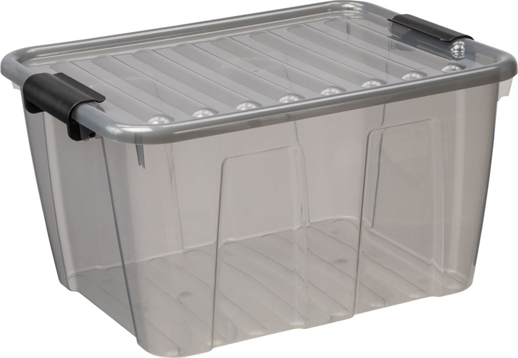 A clear, studio shot of a transparent gray storage box with black clasps.