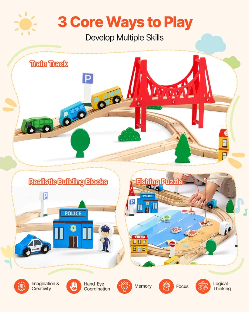 Grand Set de Train en Bois Compatible Multi-marques avec 113 Pièces - 3