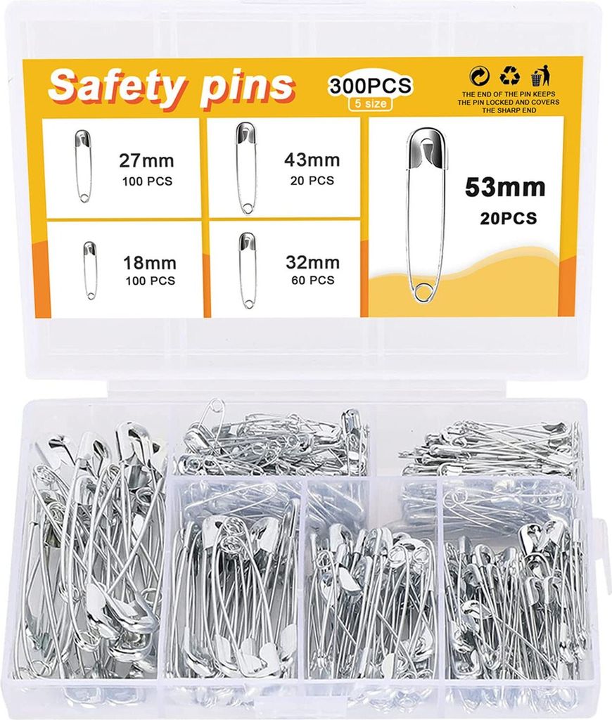 300 Stück Sicherheitsnadeln, Mini-Sicherheitsnadeln aus Metall mit Aufbewahrungsbox, 5 Größen: kleine und große Sicherheitsnadeln, 18 mm, 27 mm...