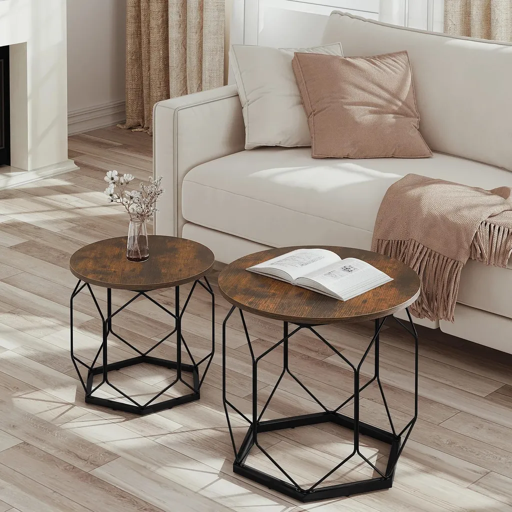 Table de salon ronde grise et table d'appoint lot de 2 design