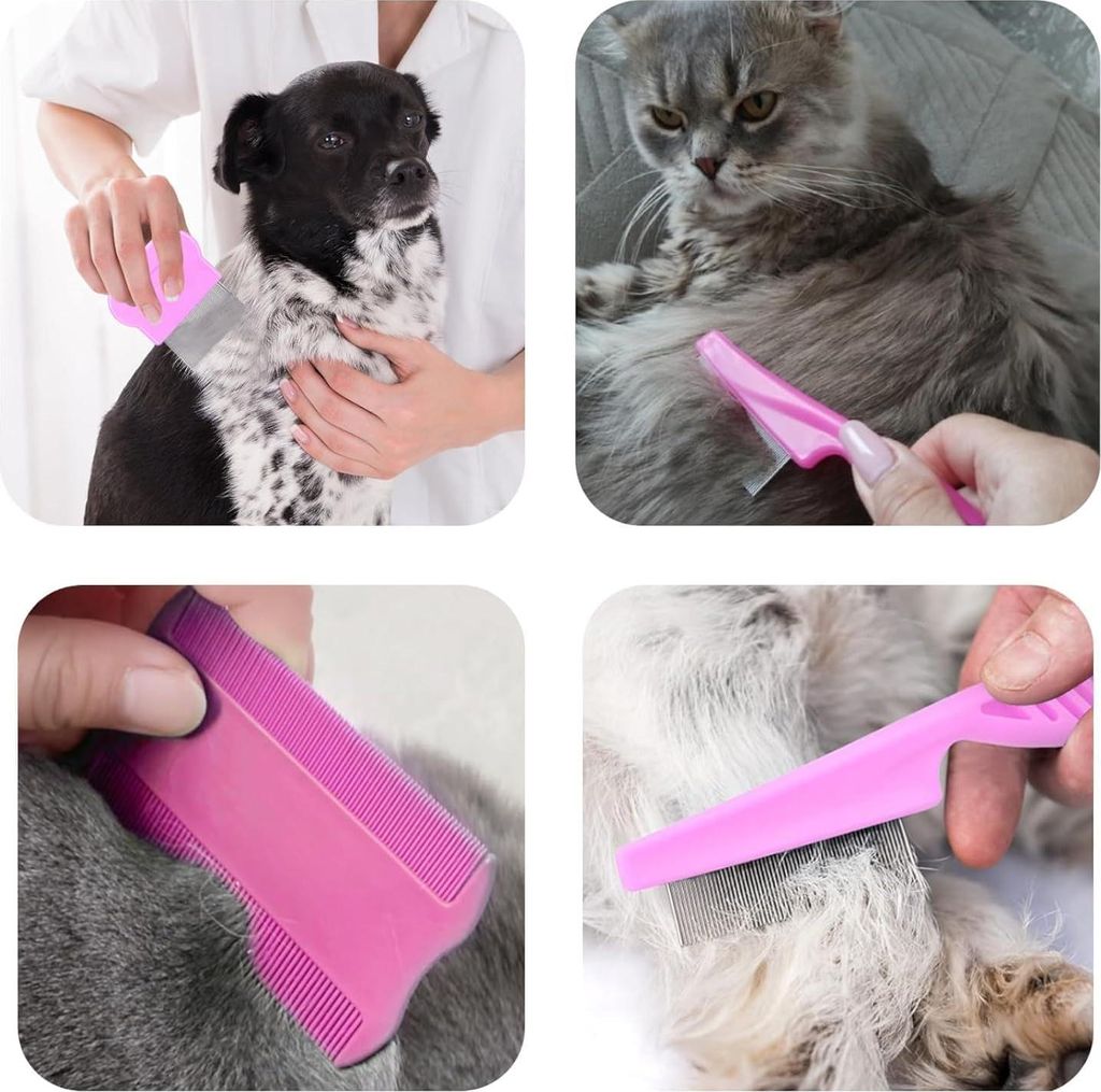 Flohkamm-Set für Katzen und Hunde - Tränenfleckentferner-Kamm für Haustiere - 4-teiliges Set für kleine, mittlere und große Haustiere (Rosenrot)