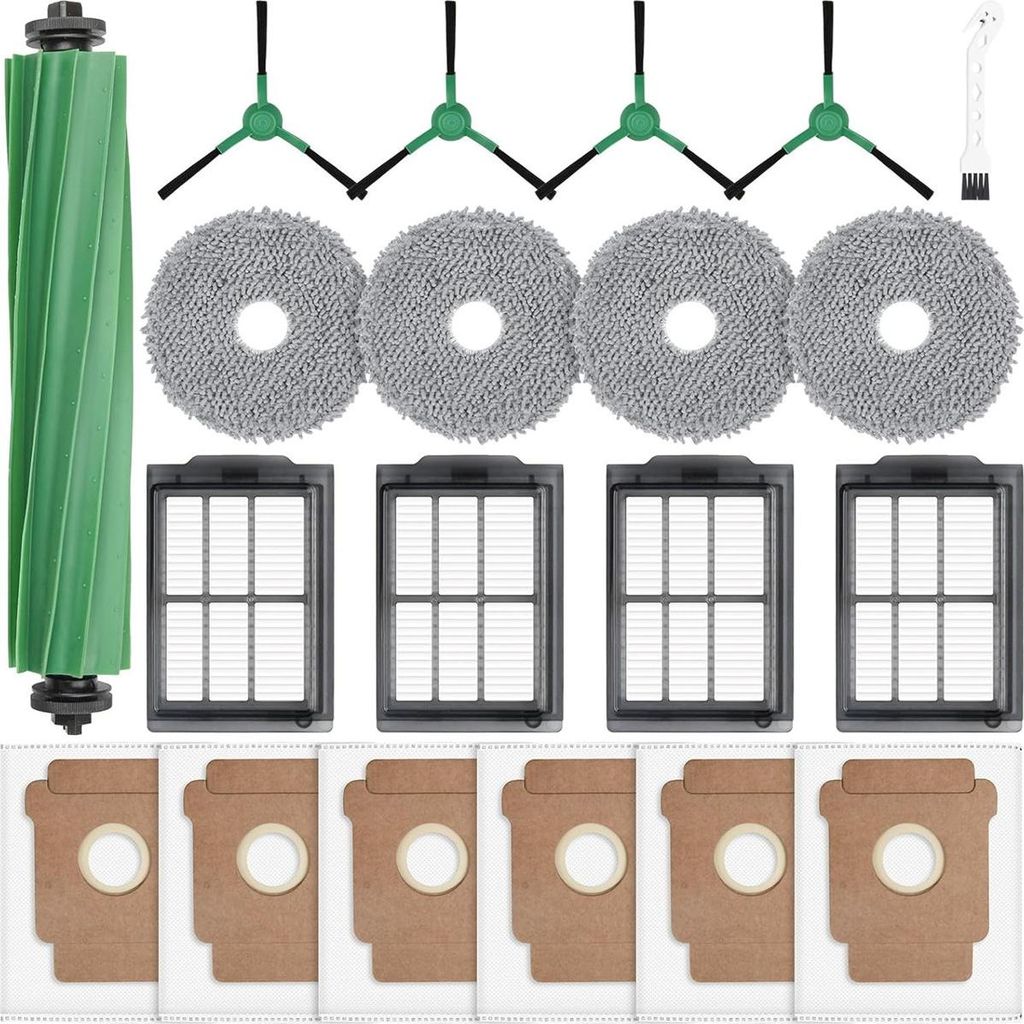 A collection of cleaning accessories for a robot vacuum cleaner, including a main brush, filters, and mop pads, laid out on a white background.