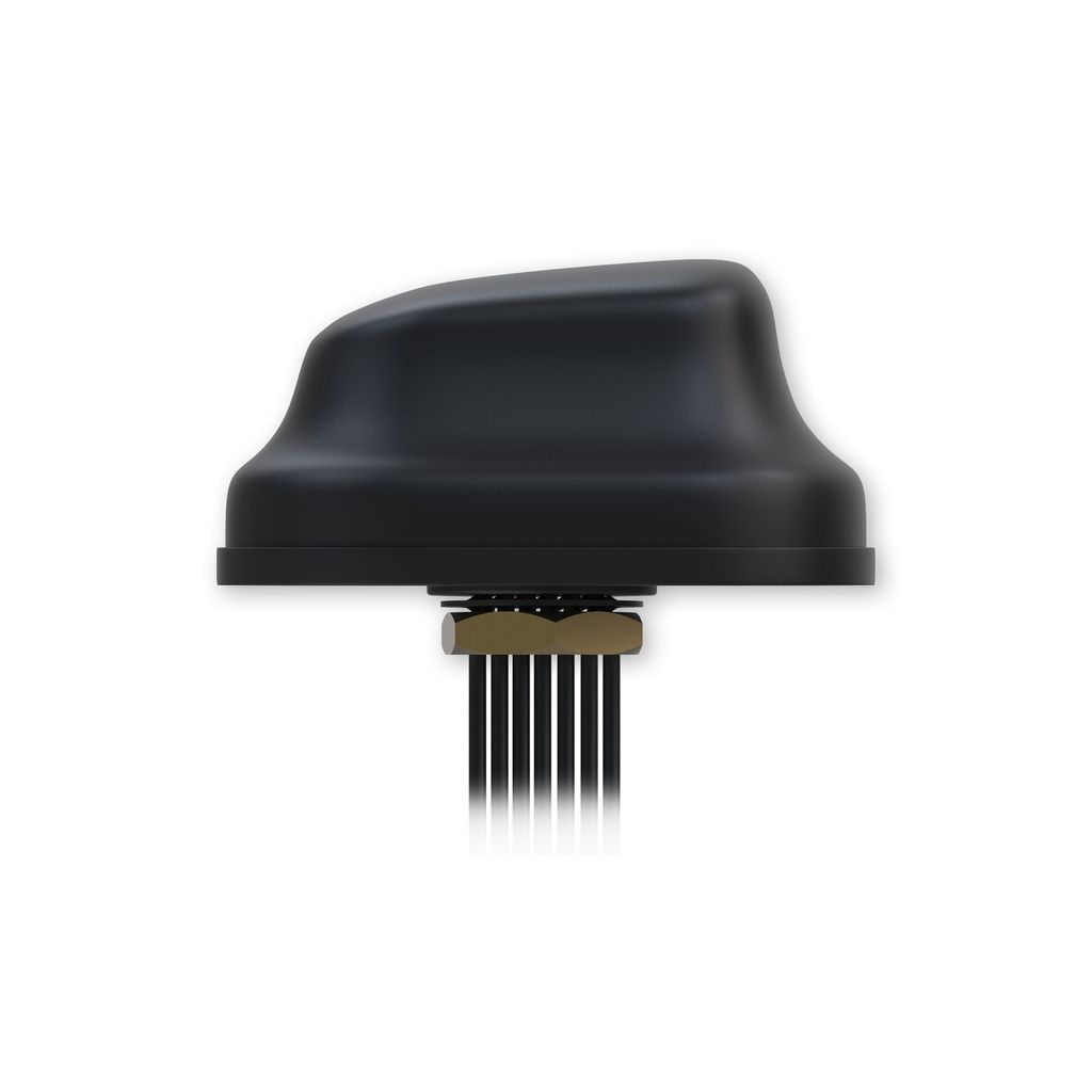 A black antenna with a metallic base and wires is shown against a white background.