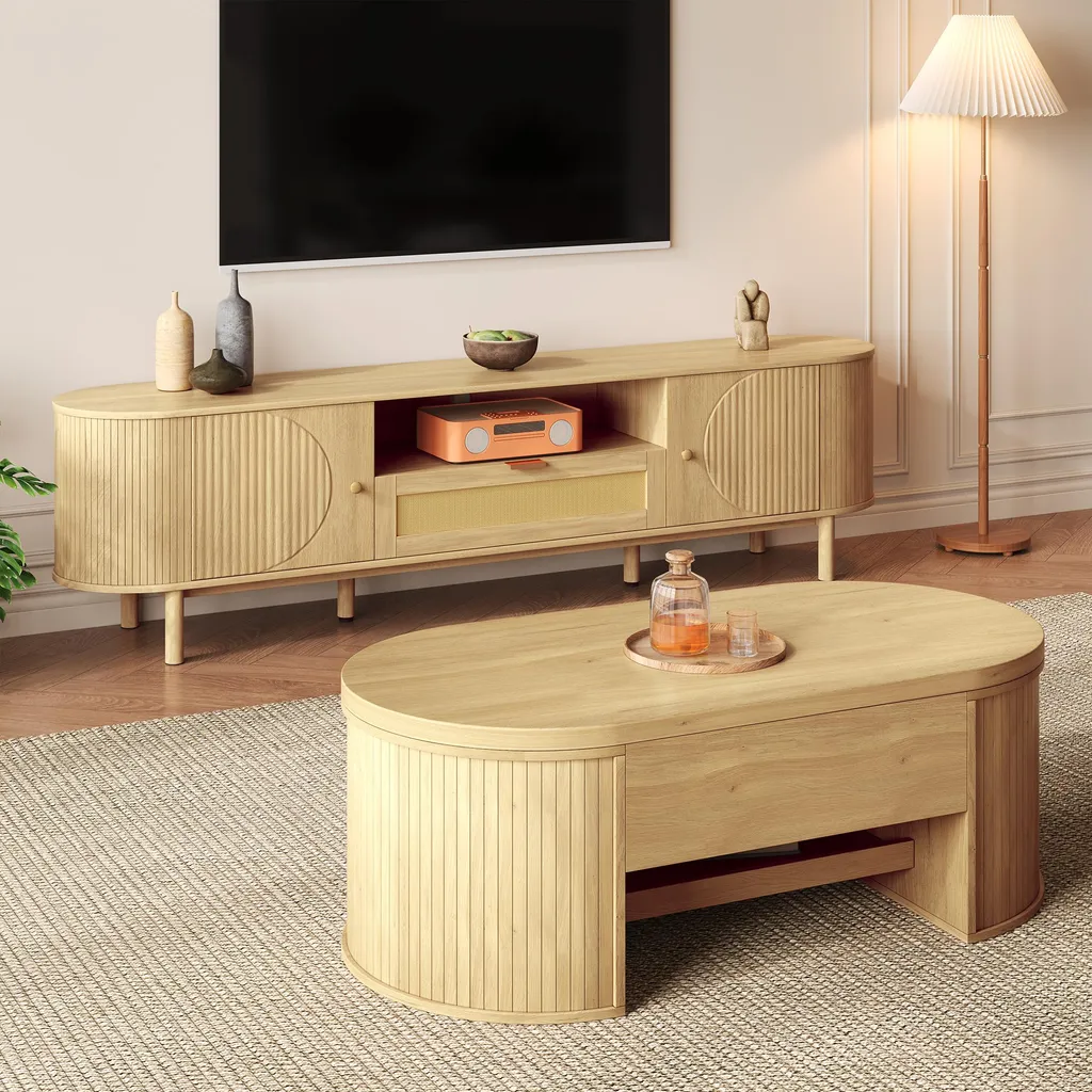 Ensemble salon meuble TV table basse bois anti-choc et réglable