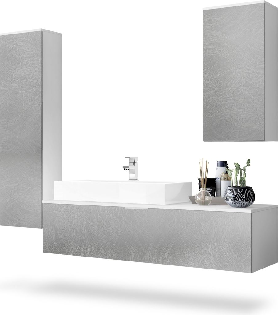 Vladon Badmöbel Komplettset Beach, Germany, Korpus in Weiß matt / Fronten in Scratchy metal, mit Aufsatzwaschbecken und Armatur